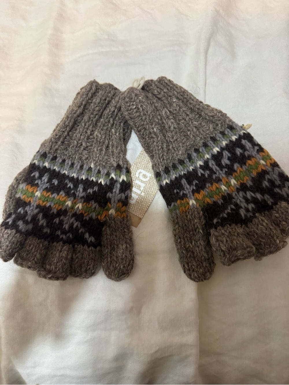 Brixton Gray Fair Isle Knit Fingerless Gloves with Patterned Stripes